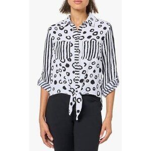 Ali Miles Black & White Polka Dot & Stripe Button-Up Blouse PL Polyester Womens